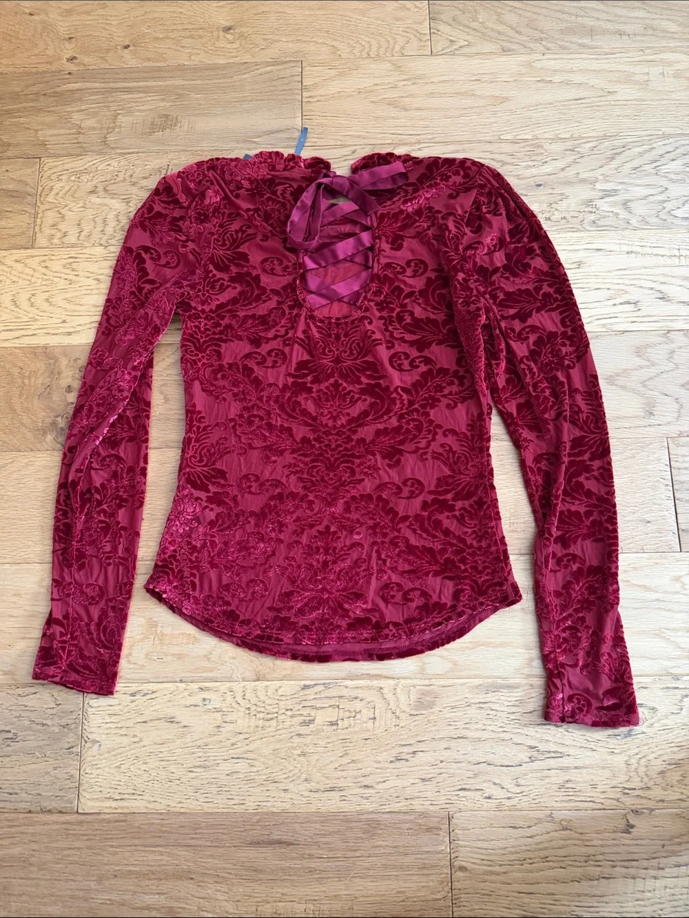 S - Anthropologie-Deep Burgundy Burnout Velvet Long-Sleeve Top with Lace-Up Back